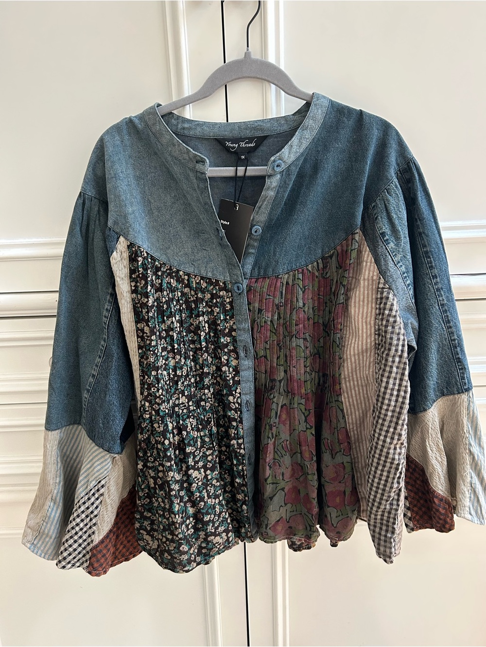 NWT Young Threads Mixed-Media Denim Patchwork Button-Up Jacket - Multi